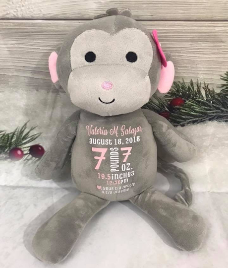 Personalized Plush Monkey | Birth Announcement Baby Shower Gifts Nursery Decor First Birthday Gift