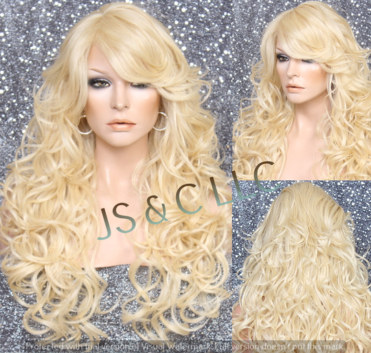 Pale Bleached Blonde Human Hair Blend Wig Layered & Curly Full Bangs Heat Ok Cancer Alopecia Theater Cosplay Anime Emo Celebrity Pageant
