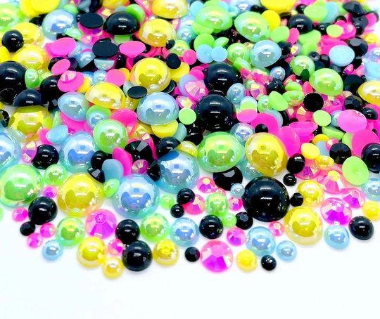 Neon Lights Blend Rhinestone Mix 2mm-10mm Flatback Jelly Resin | Faux Pearls Mixed Size Pink Green Yellow Blue Black
