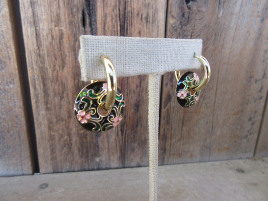 90S Earrings | Floral Cloisonne Hoop Gold Tone Donut Statement