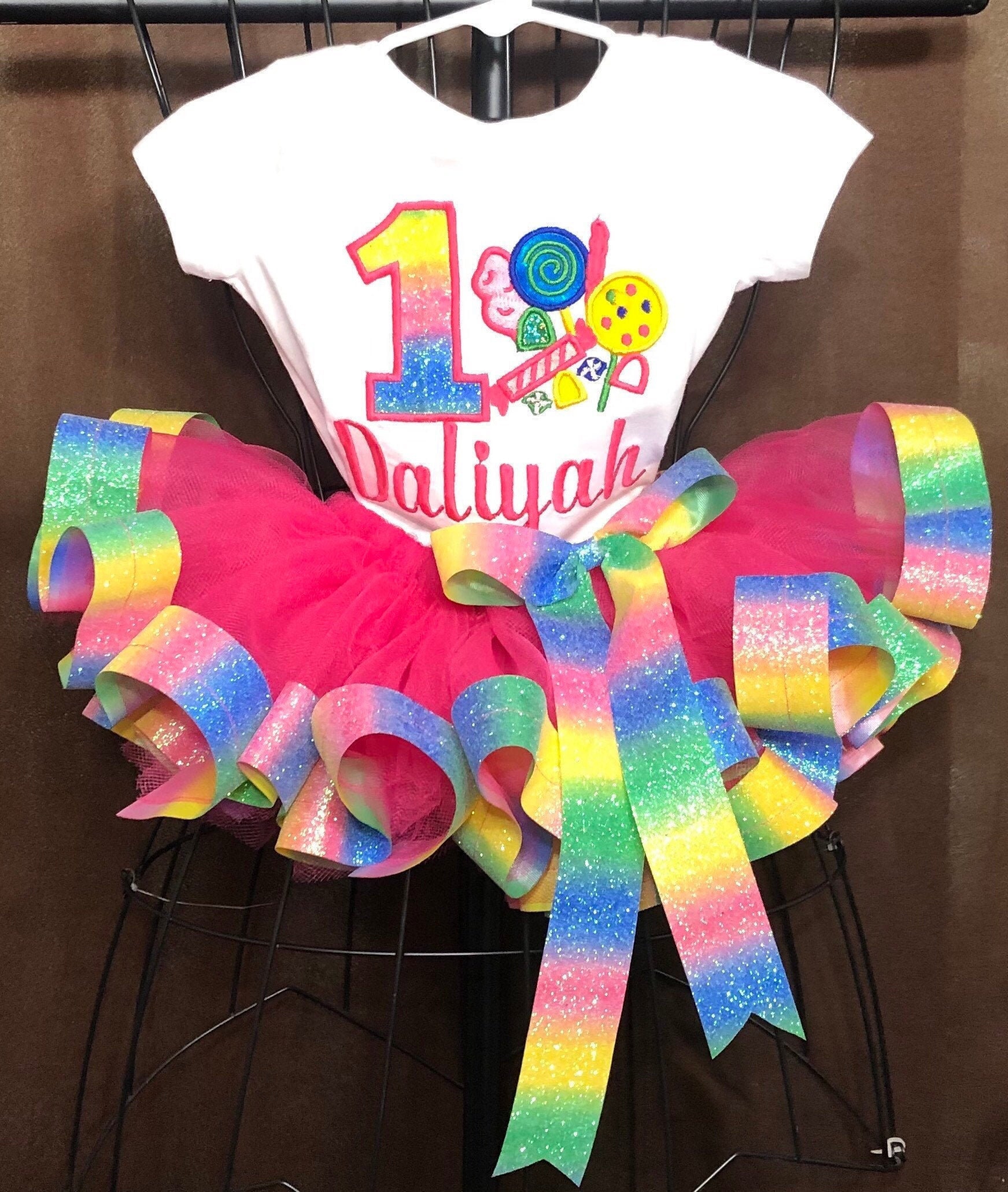 Fast Free Shipping Candy Lollipop Rainbow Glitter Tutu Set Outfit Shirt First 1st Birthday Candyland Girls Newborn Toddler Gift Pink