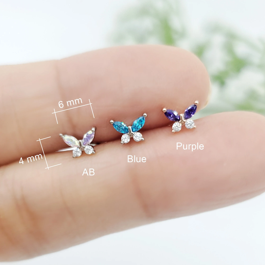 16G Color Cubic Zirconia Butterfly Earring, Surgical Steel Stud Cartilage Conch Helix Piercing