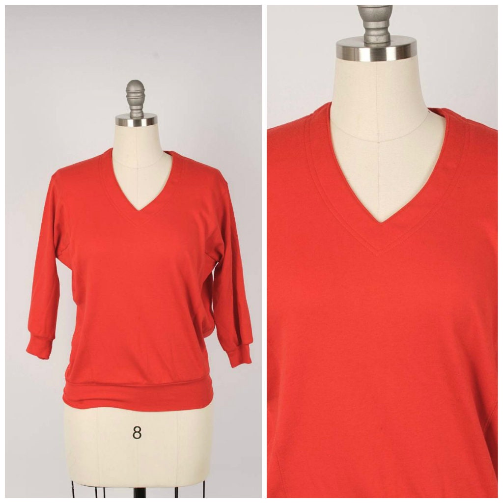 Red V Neck Cotton Blend Loose Fit Knit Top