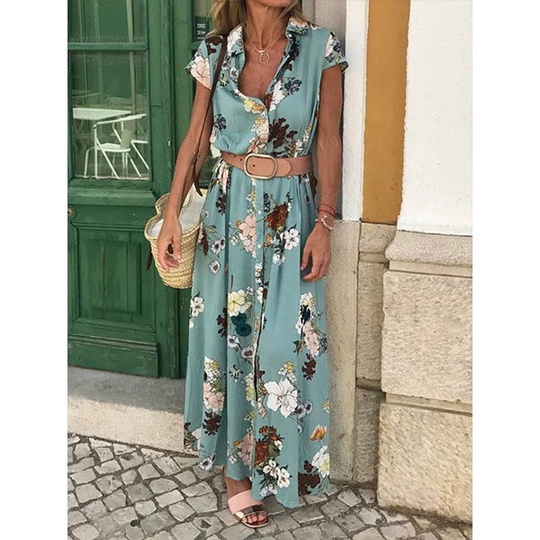 Shirt Collar Women Dresses Shift Daily Cotton-Blend Floral Dresses - Green, L