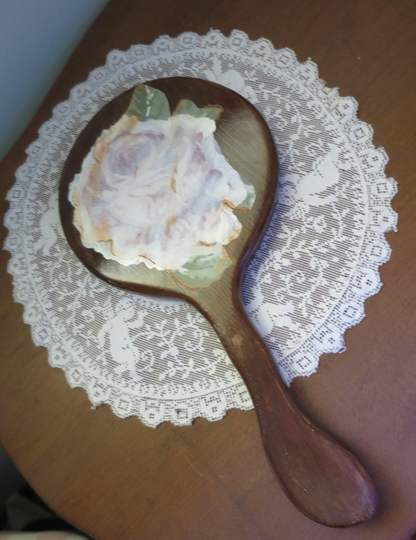 Wood Hand Mirror Rose Decoupage Gilt Paint Accents 11.5 X 5 3/4 Inches Vintage Vanity Personal Boudoir