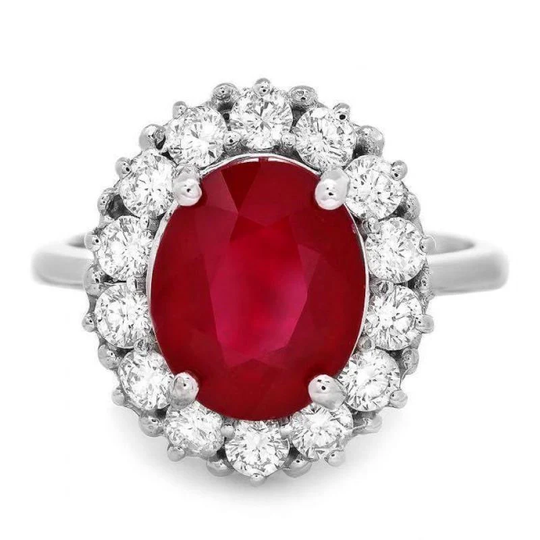 5.70 Carats Natural Red Ruby & Diamond 14K Solid White Gold Ring