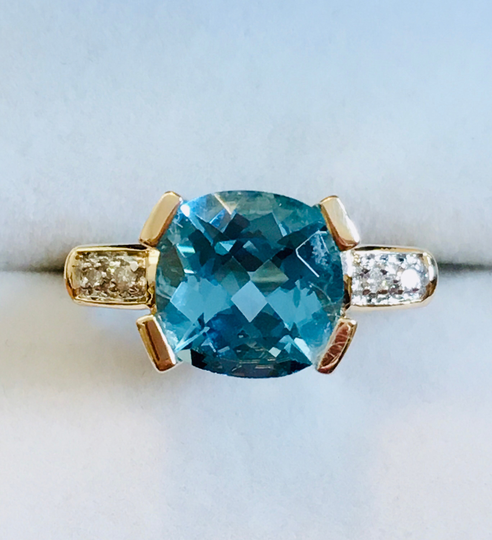 Genuine Swiss Blue Topaz With Side Diamonds Set in 14Kt Yellow Gold Heavy Setting. Meda, Size 5