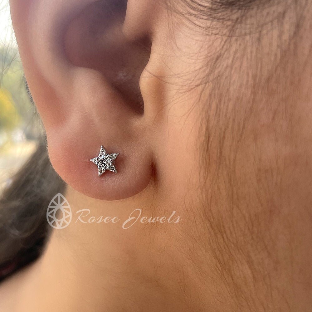 Celestial Diamond Earring, 1/2 Ct Star Earrings, Cartilage Piercing Set Of 2 Helix, Rook, Stud
