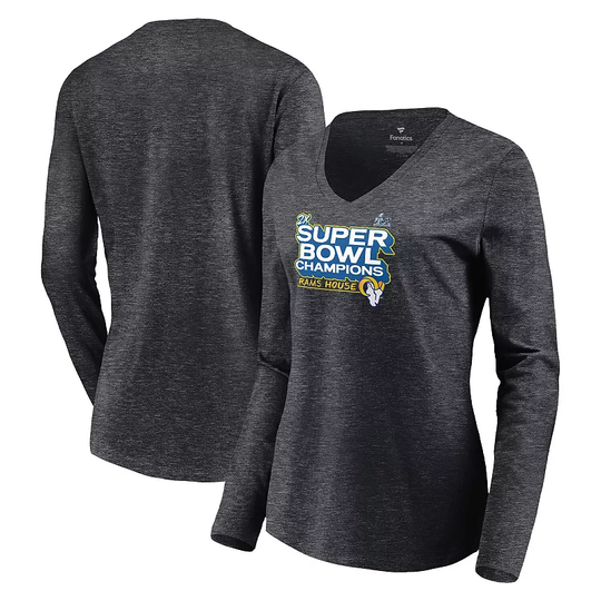 Women's Fanatics Branded Charcoal Los Angeles Rams Super Bowl LVI Champions Parade V-Neck Long Sleeve T-Shirt, Size: Medium, Grey