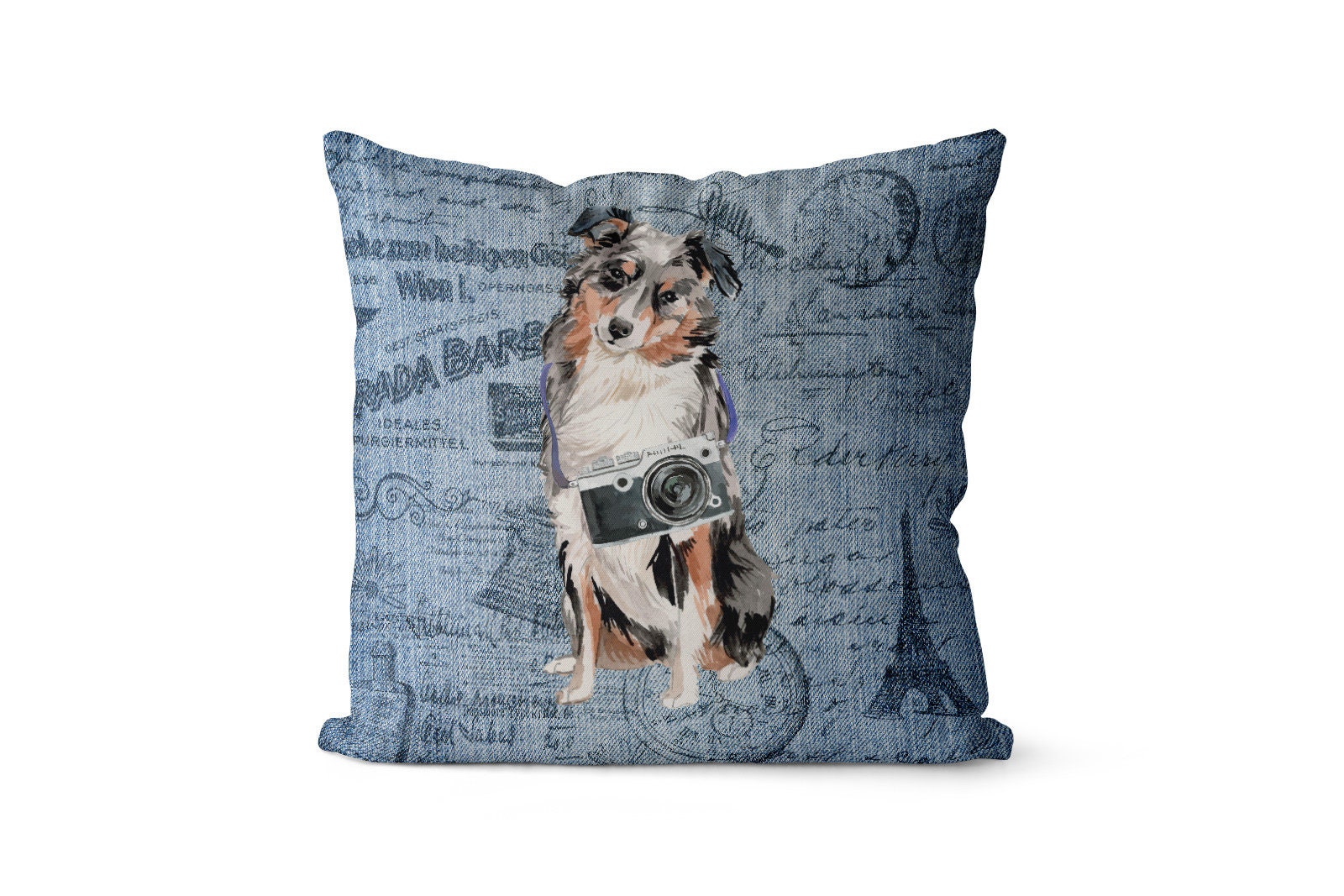 Australian Shepherd Throw Pillow - Large Denim Style Cushion With Filling Available in Linen Or Velour. Travel Collection