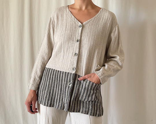 1980S Woven Linen Blend Color-Blocked Minimalist Chore Jacket