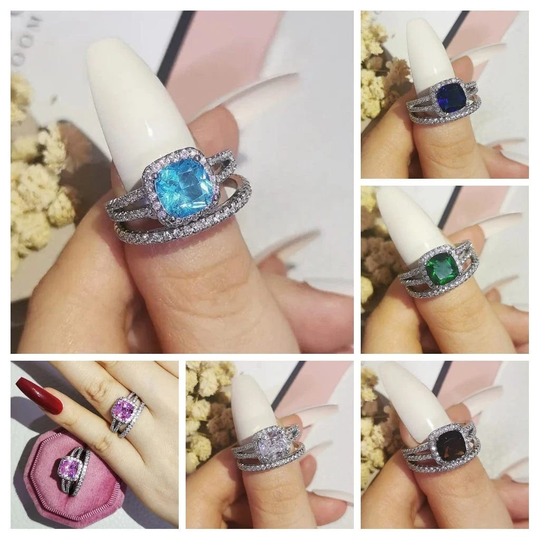 S925 Sterling Silver Band Ring Plated, Cubic Zirconia Solitaire Ring, Engagement Ring, Gift For Her, Wedding Band, Promise Ring, 2Pc Set