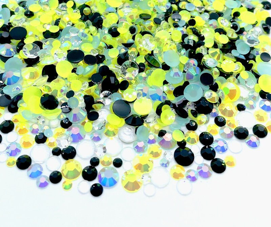 Neptune Blend Rhinestone Mix 3/4/5/6mm Flatback Jelly Resin Rhinestones Mixed Size, Blue | Yellow Black Clear