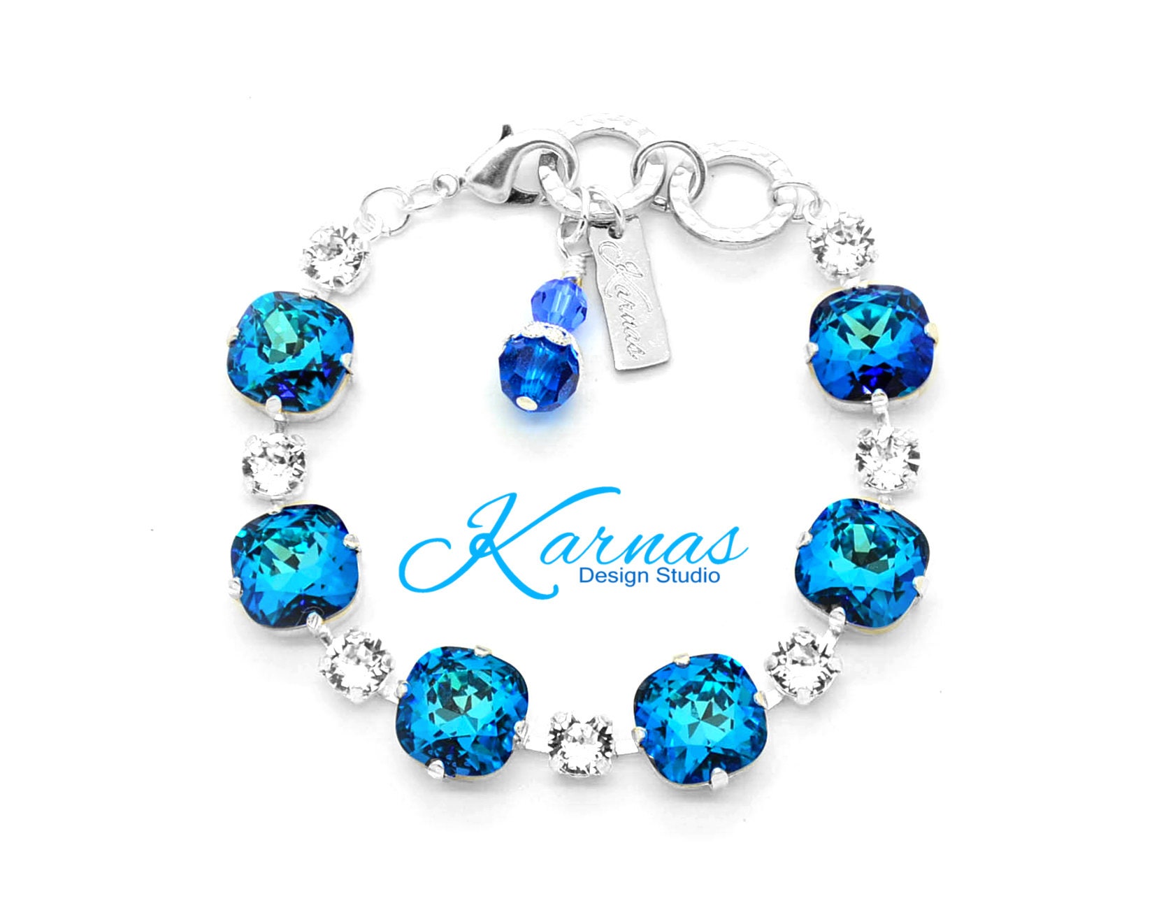Bermuda Blue & Crystal 12mm/6mm Crystal Bracelet Made With Elements Pick Your Finish Karnas Design Studio Free Shipping