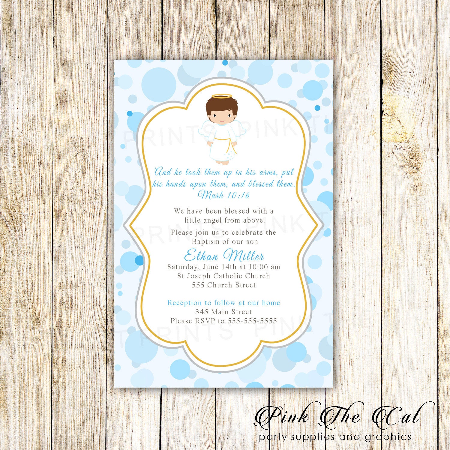 Boy Baptism Invitation With Angel, Printable Christening Baby Boy Invites, Baptismal Invitation, Angel Custom