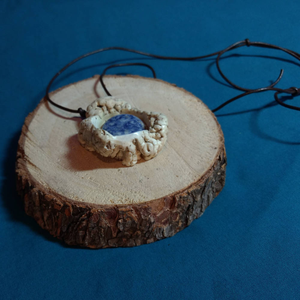 Skull Cap Pendant W/Inlaid Lapis, Necklace, Carved, Larp, Cosplay, Wiccan, Magic, Pagan, Viking - Hand Made & Carved in The Usa