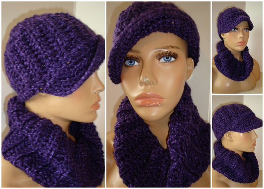 Purple Blend Hat & Neckwarmer Set - Cowl, Cap, Crochet Hat Set Handmade Cap Scarf Custom Colors