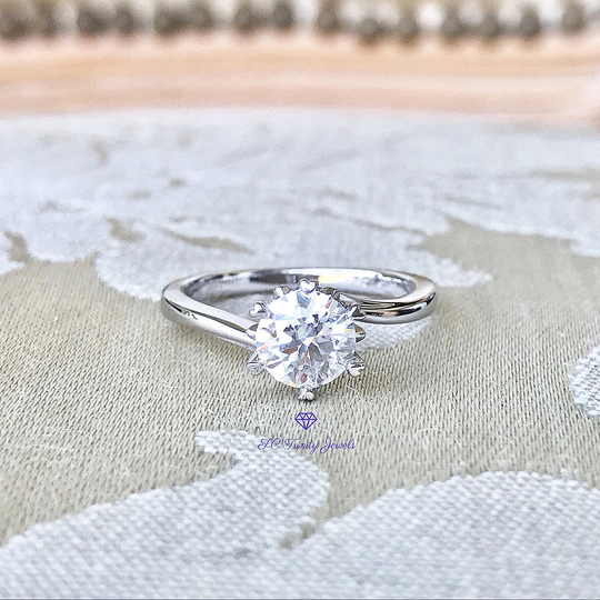 1 Ct. Certified D Colorless Moissanite, Rhodium Plated Sterling Silver 6 Prong Bypass Solitaire Engagement Ring, Moissanite Wedding Ring