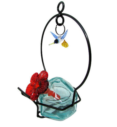 Parasol Hummingbird Feeder Lunch Pail with Hanging Charm Hand Blown Recycled Glass Aqua Blue
