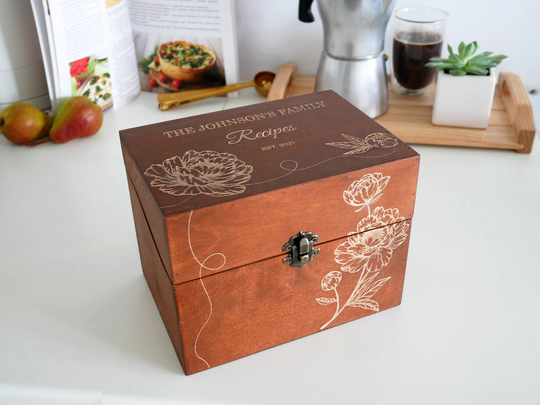 Personalized Recipe Card Box, Box With Wooden Dividers, Mom Christmas Gift, Gift For Grandmother, Wedding Gift