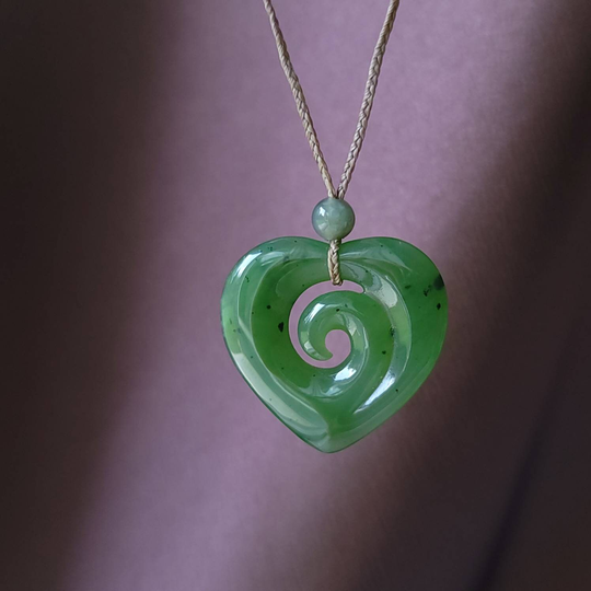 Large Genuine Jade Carved Heart Pendant Necklace, Natural Koru Charm, Heart, Gift, Girlfriend, Good Luck