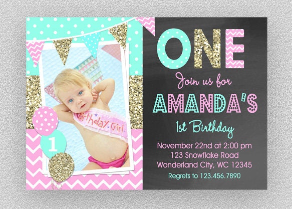 Pink & Gold Birthday Invitation, First Invitation, Girls 1st