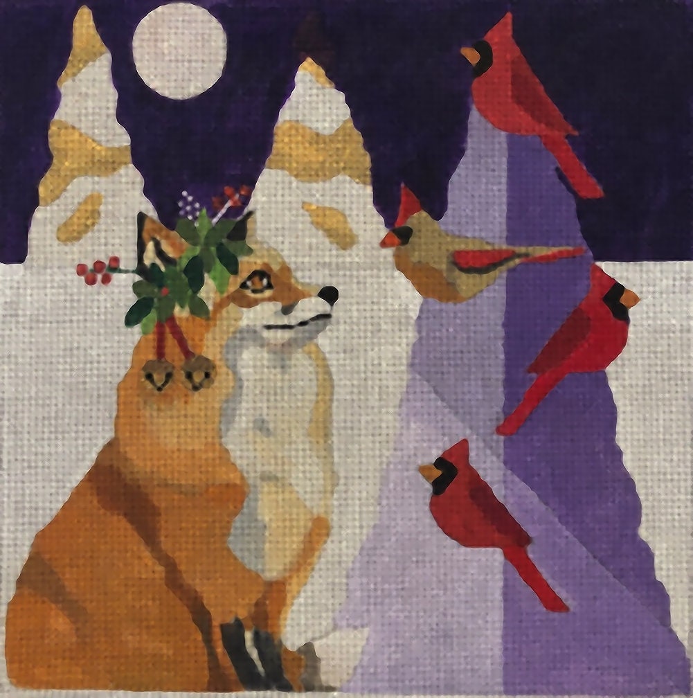 Needlepoint Handpainted Christmas Melissa Prince Fox & Cardinals 10 -Free Us Shipping