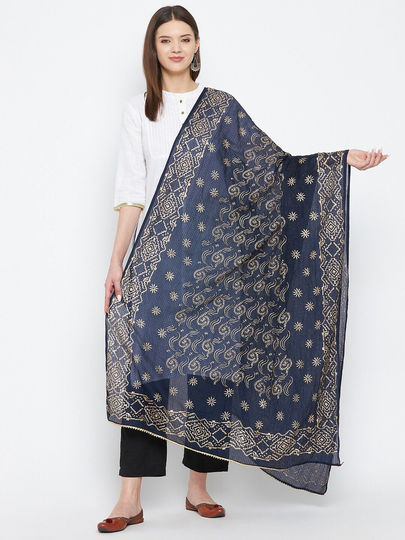 Women's Cotton Blend Navy Blue & Cream-Coloured Embroidered Dupatta With Gotta Patti Free Shipping