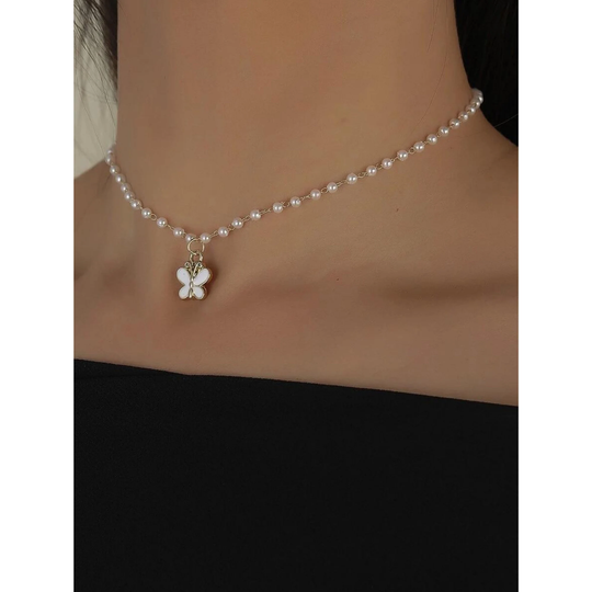 Pearl Butterfly Necklace, Chocker, Dainty Cute Pendant, Jewelry