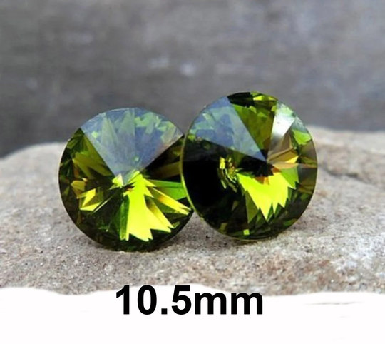 Olive Green 10.5mm Rivoli Rhinestone Stud Earrings, Crystal Studs, I Make These Earrings With Premium Sparkling Crystals