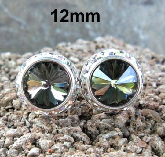 Black Diamond Earrings, & & Silver Studs, 12mm Halo Crystal Studs