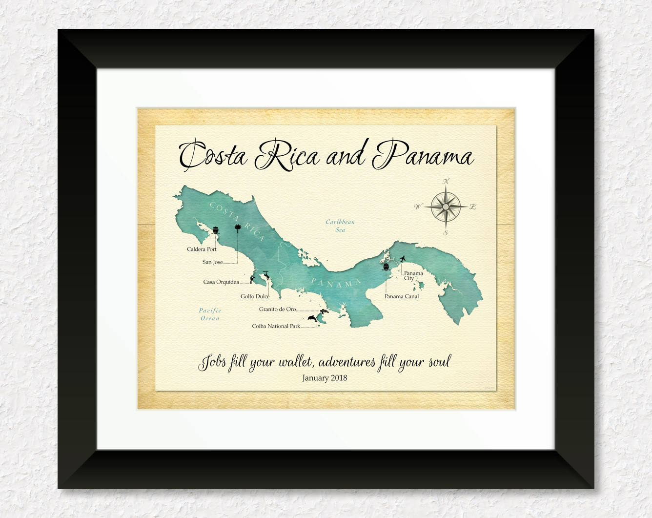 Costa Rica & Panama Map, Custom Keepsake Map Travel Gift, Personalized Canvas, Retirement Trip Of A Lifetime