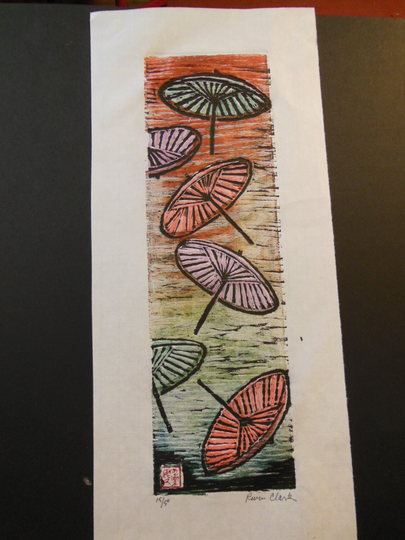 Japanese Umbrellas Hand Carved Woodblock Print Washi Paper Signed Clark