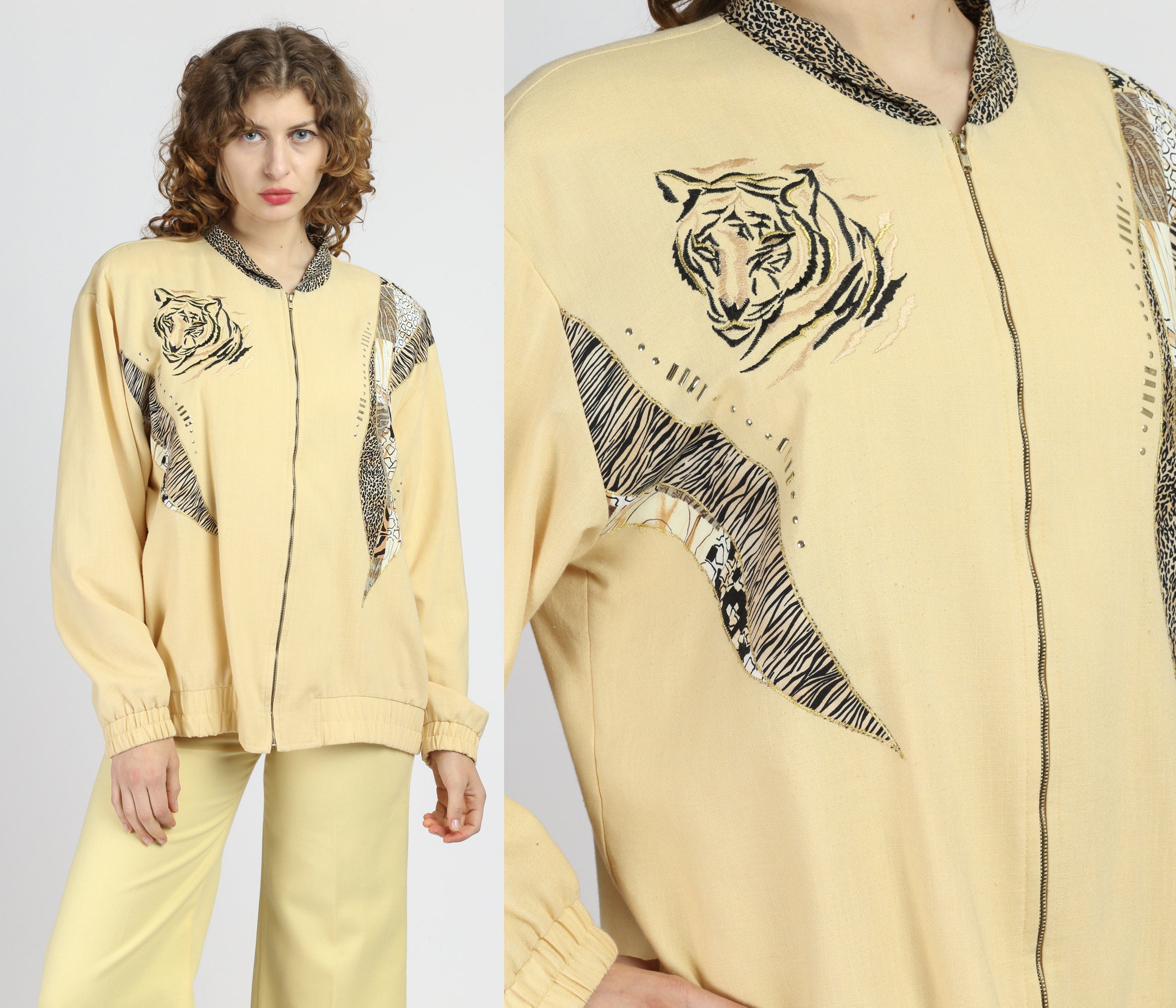 80S Tiger Stripe Flax Blend Jacket - Extra Large | Vintage Animal Print Retro Lightweight Coat