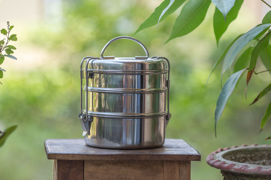 Lunch Box Stainless Steel Slim | Height 6 Inch, 3 Level, Temple Box, Hare Krishna, Prasadam Box Good For Kids