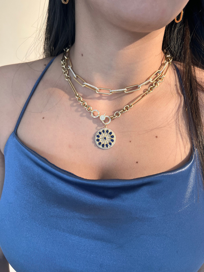 14K Solid Gold, Multi Oval Lapis Lazuli, Diamond, Medallion, Lucky Charm Pendant