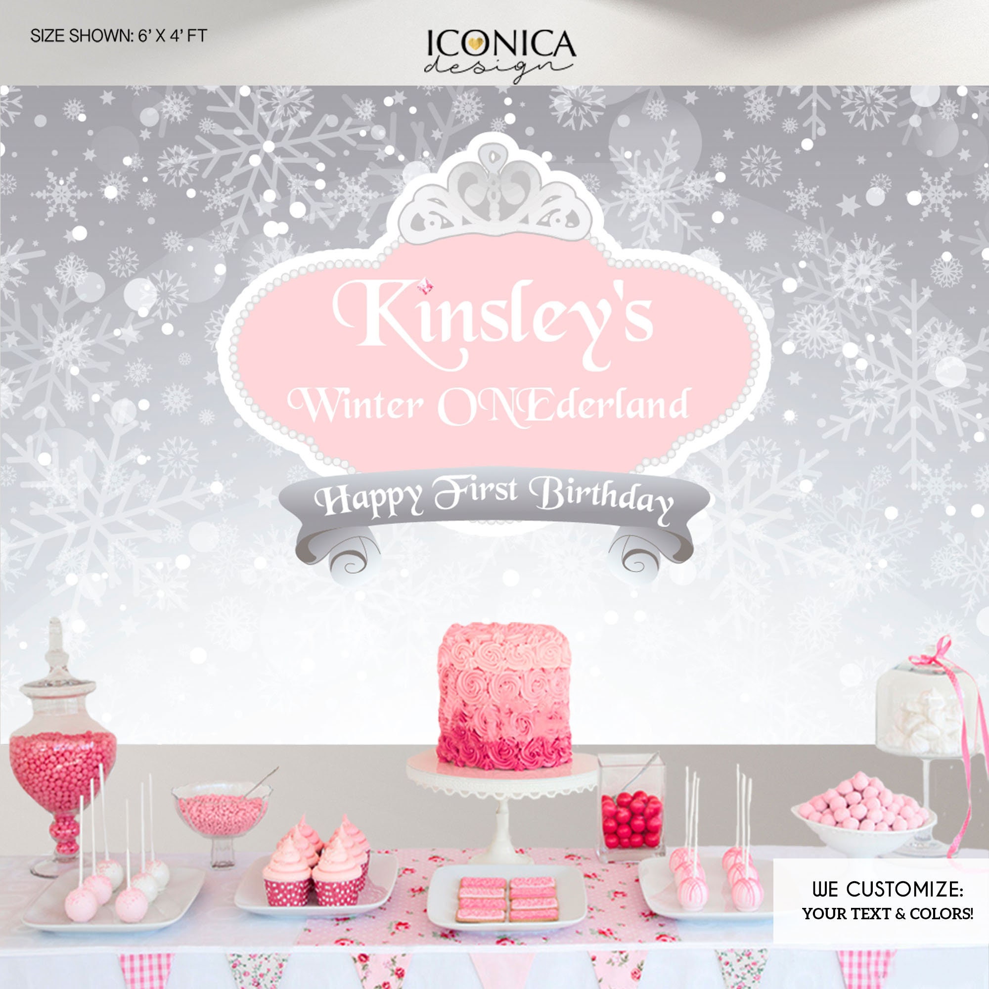 Winter Onederland Pink & Silver Glitter Party Backdrop, Wonderland - Snowflakes Printed Or Printable File Bbd0015