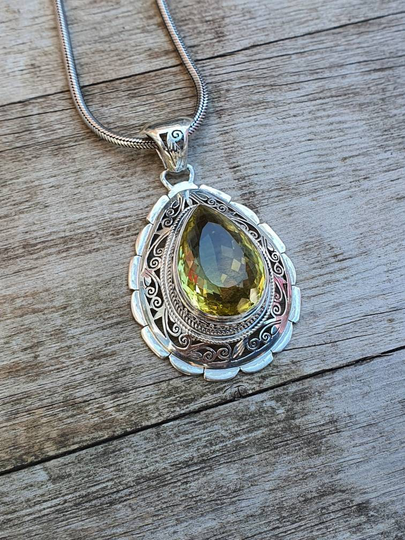 Teardrop Lemon Topaz Floral Bezel Pendant Necklace, 925 Sterling Silver, Jewelry, Sagittarius, Pisces & Scorpio, November Birthstone