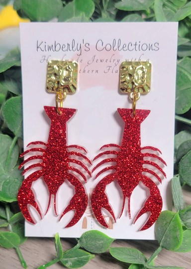 Resin Red Glitter Crawfish Earrings