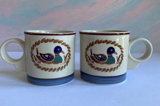 Vtg Duck Mugs, Epoch Korea Circle Handle Blue, Brown & Green Design Stone Set Of 2 Mallard Blue Coffee Mugs