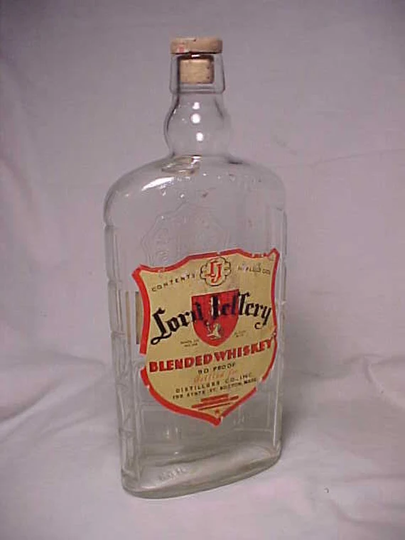 C1930S Lord Jeffery Blended Whiskey C. H. Graves Boston Mass., Cork Top Clear Glass Flask Bottle With Paper Labels, Back Bar Decor
