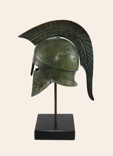 Spartan Warrior Bronze Helmet Greek Key Crest Museum Inspired Copy Verdigris Sculpture Hoplite Handmade Artifact
