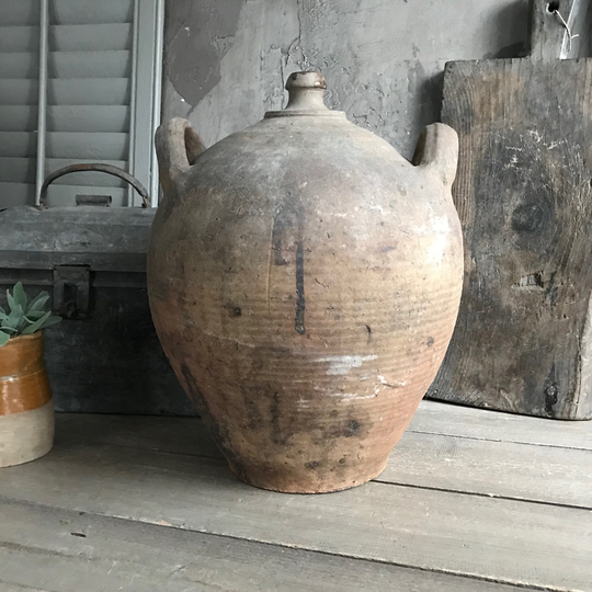 19Th C French Pottery Jug, Olive Oil, Large, Chateau, Farmhouse, Garden Decor