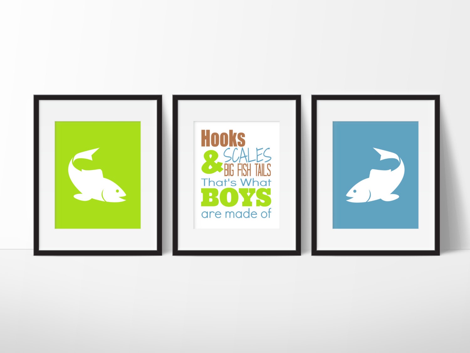 Fishing Nursery Print, Hooks, Scales & Big Fish Tails Print Set Of 3 Prints