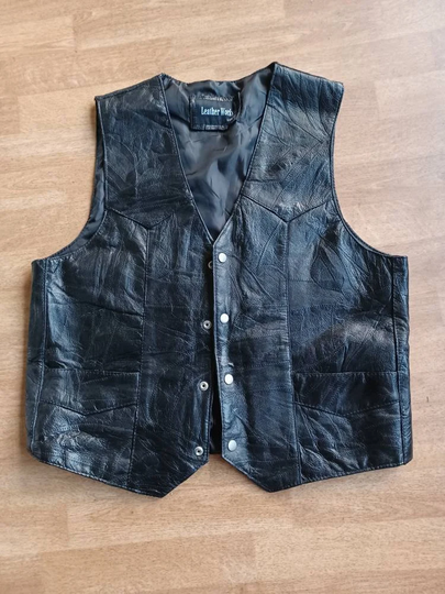 Leather Vest Men's Size Large, Black Snap Front 4 Pockets