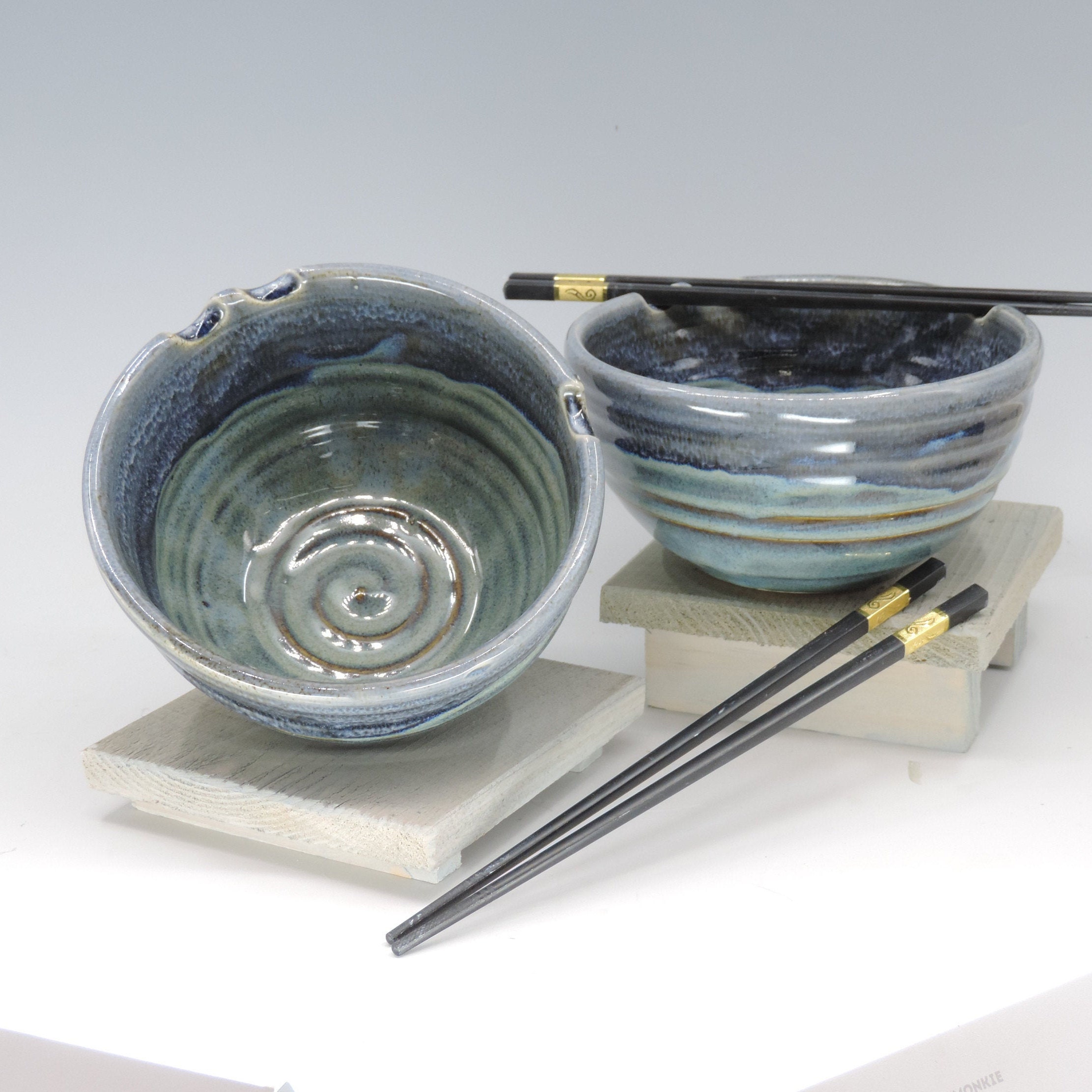 Noodle Bowls, Set Of Two, Blue Glaze. Keto Bowls Ceramic, 9Th Anniversary Gift For Couple