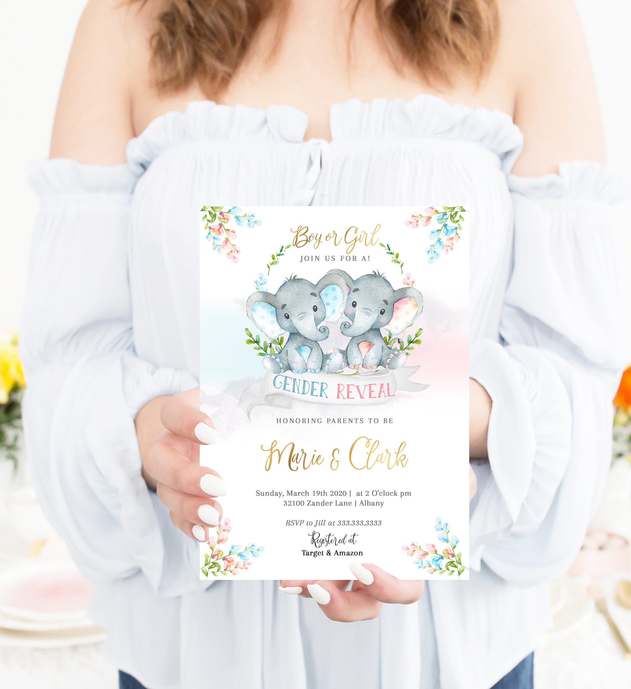 Gender Reveal Baby Shower Invitation, Gender Shower, Elephant Gender Invitation, Boy Or Girl #2
