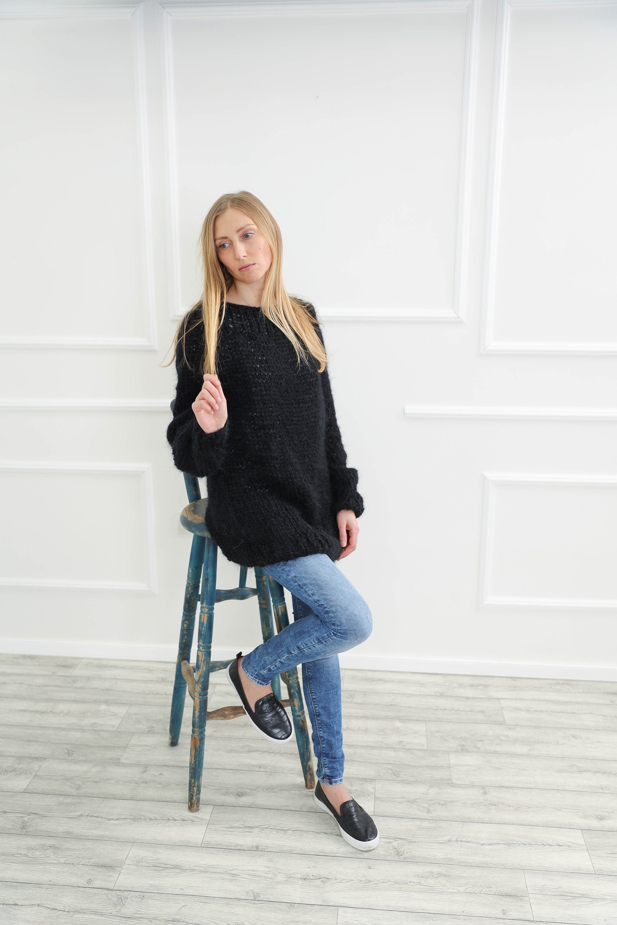 Black Mohair Sweater, Oversized Hand Knit Long Sleeve Pullover, Winter Cardigan, Women Plus Size Clothing