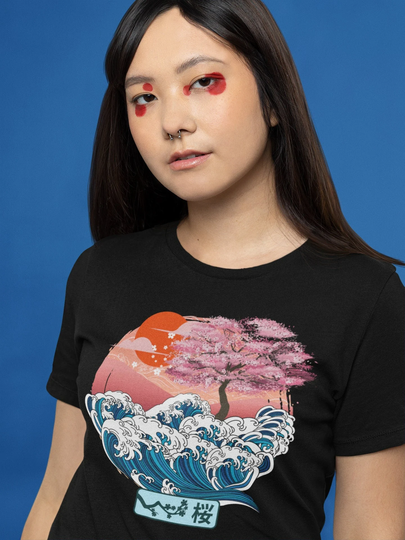 Japanese Sakura Cherry Blossom Shirt, Tokyo Osaka Street Wear, Great Wave Kanagawa, Japan Retro Vintage Art Unisex T-Shirt