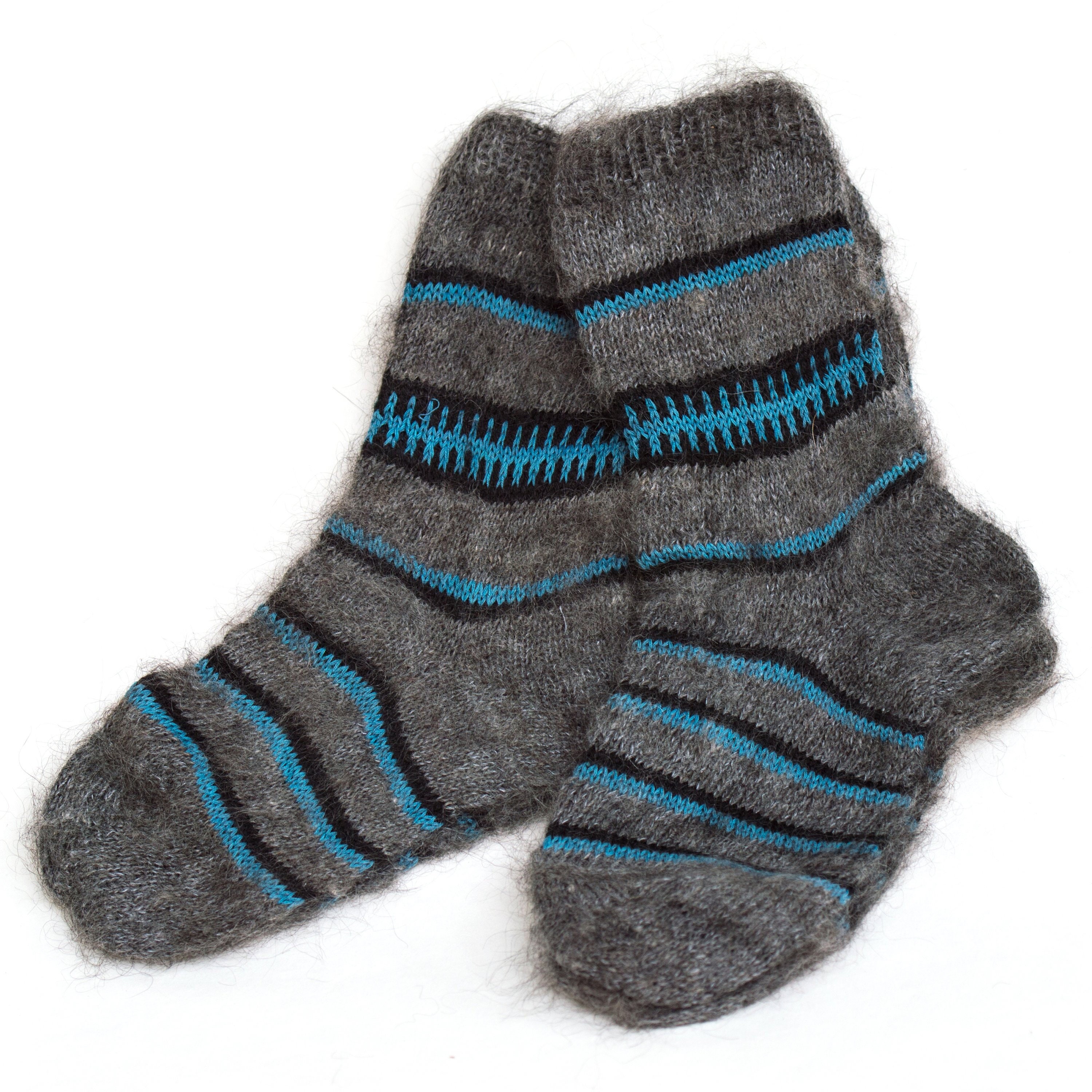 Crochet Blue Fuzzy Soft Socks For Men & Women - Organic Wool Striped Socks, Eu 38-42/Us 6-9